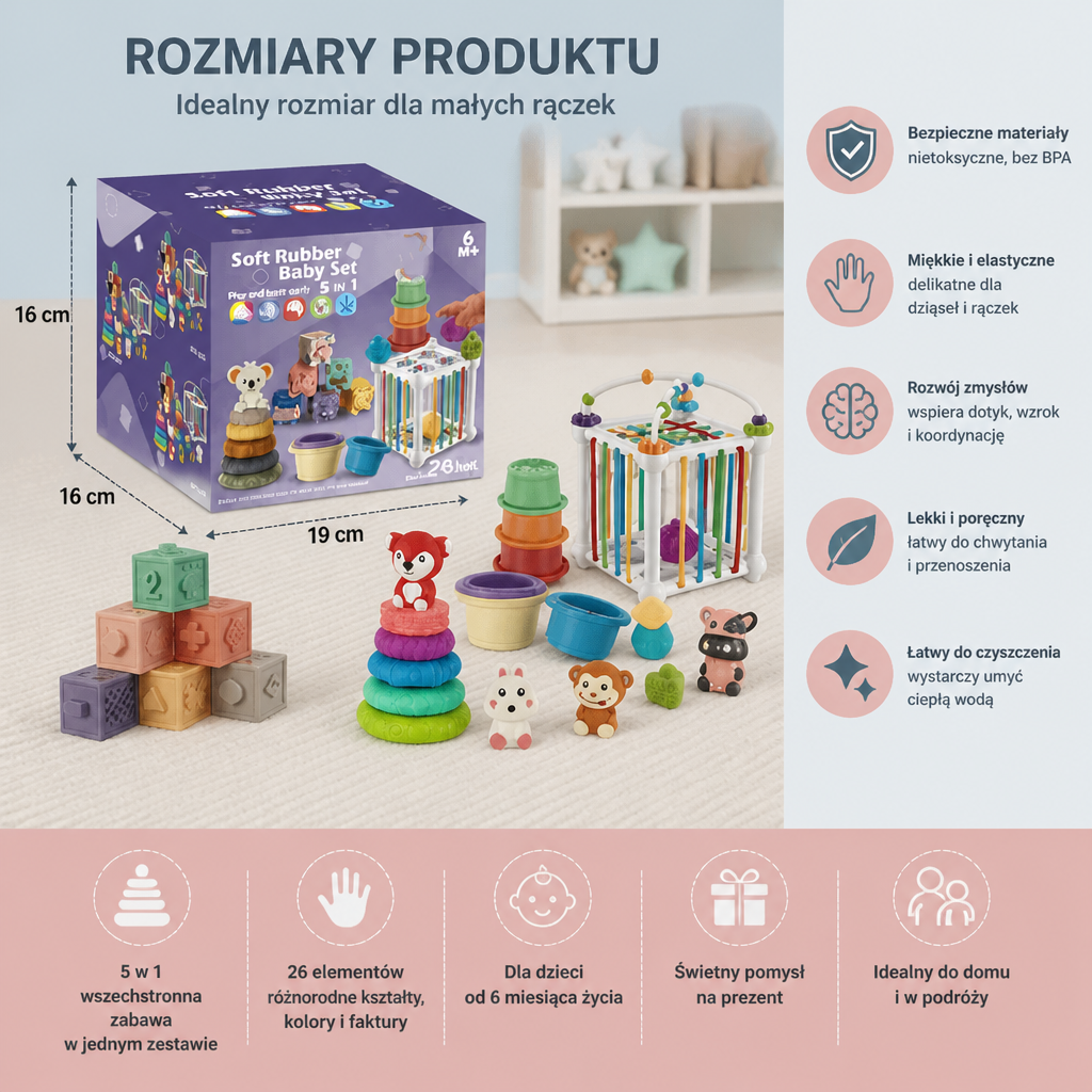26-elementowy miękki gumowy zestaw sensoryczny Montessori 5 w 1 dla niemowląt z zabawkami do układania i sortowania