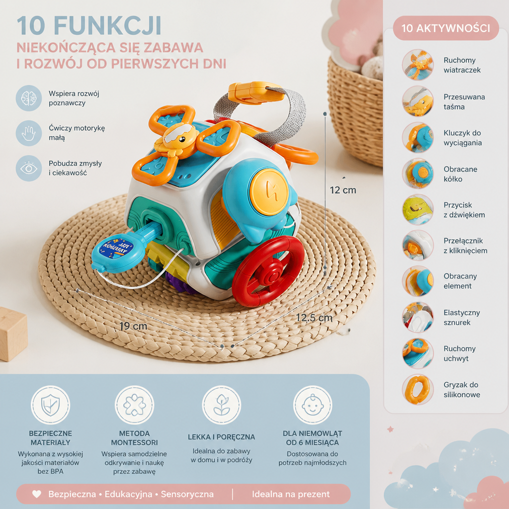 Kostka edukacyjna dla niemowląt z 10 funkcjami – zabawka sensoryczna zgodna z metodą Montessori