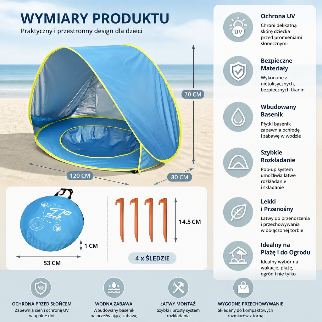 Pop-Up Baby Beach Tent z Wbudowanym Basenem i Ochroną UV – Przenośny Parasolka dla Dzieci