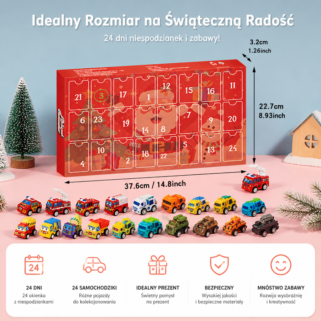 24-dniowy kalendarz adwentowy z kreskówkowymi samochodzikami
