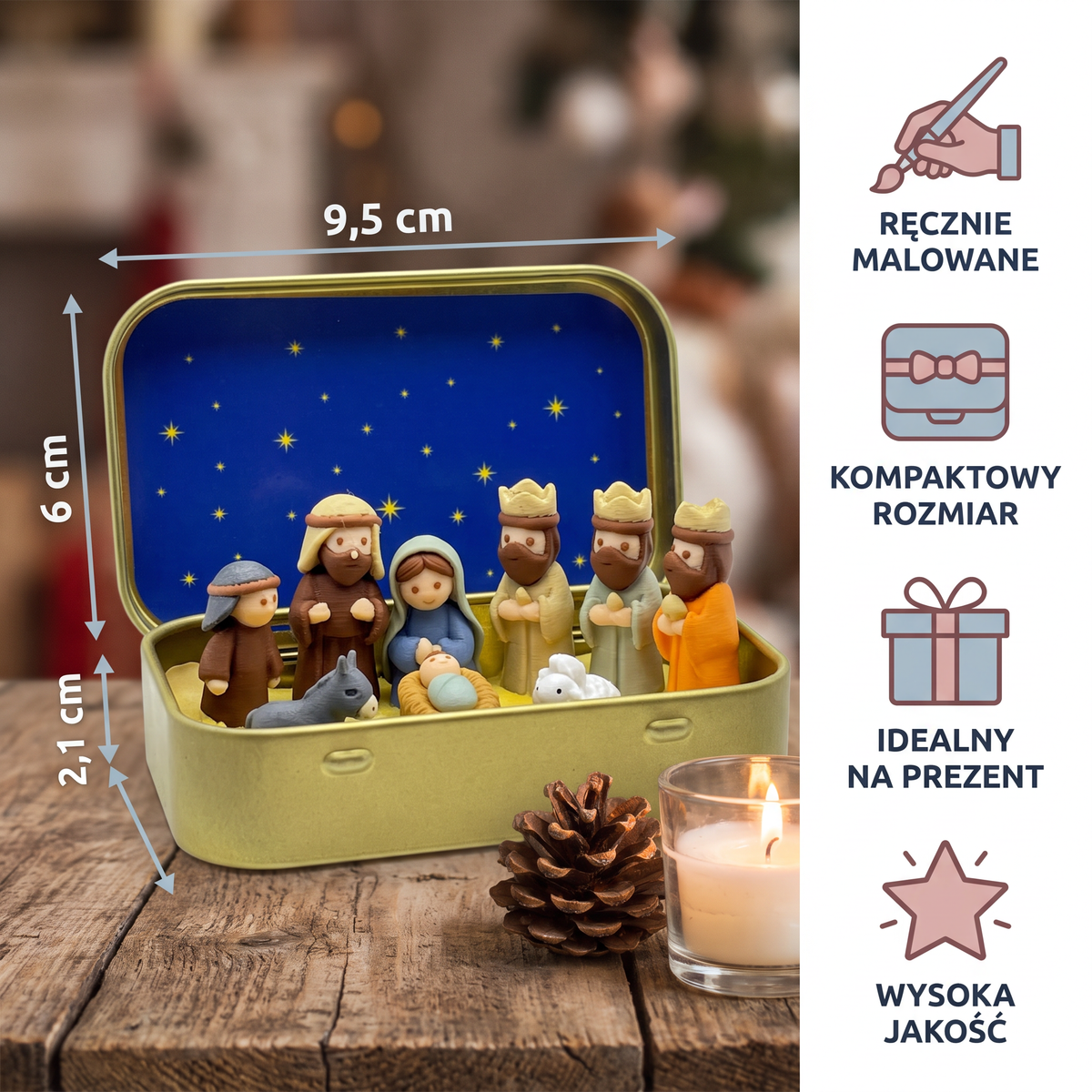 Miniaturowa szopka bożonarodzeniowa w pudełku – ręcznie malowany zestaw figurek bożonarodzeniowych