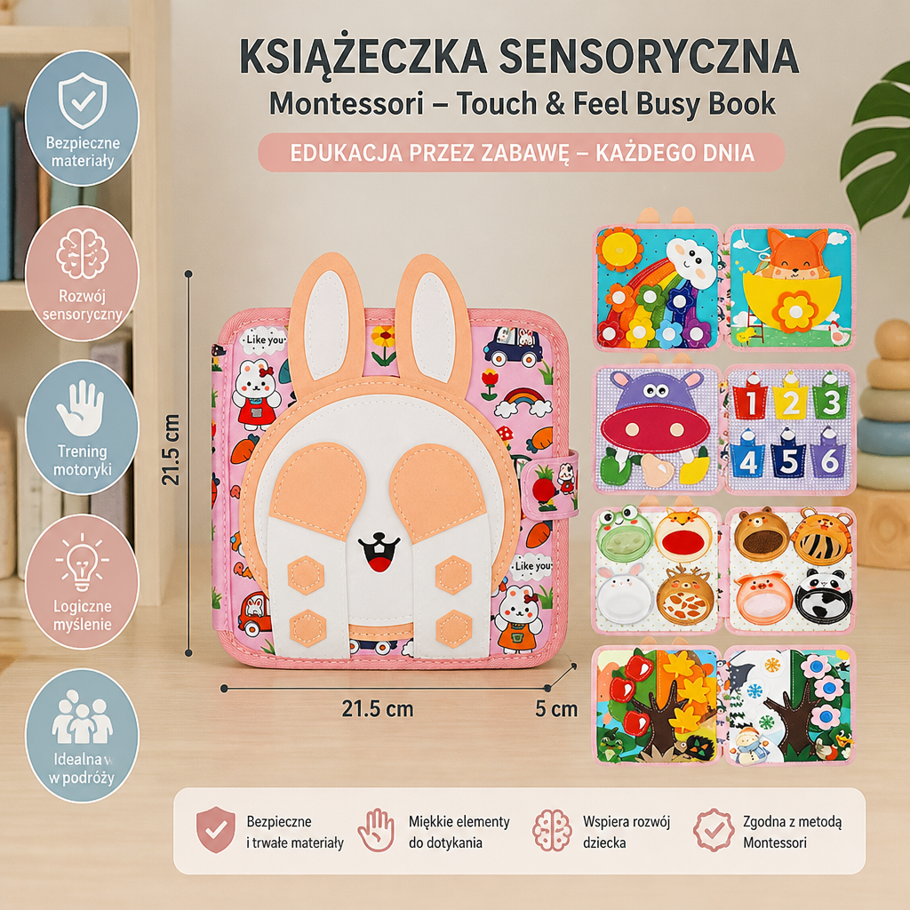 Sensoryczna książeczka aktywności Montessori „Dotknij i poczuj” dla małych dzieci