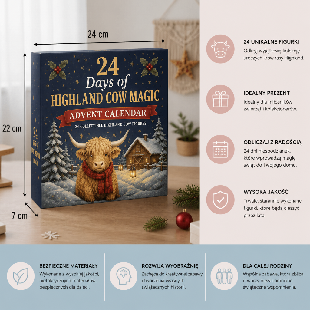 24-dniowy kalendarz adwentowy z kolekcjonerskimi mini figurkami krów rasy Highland