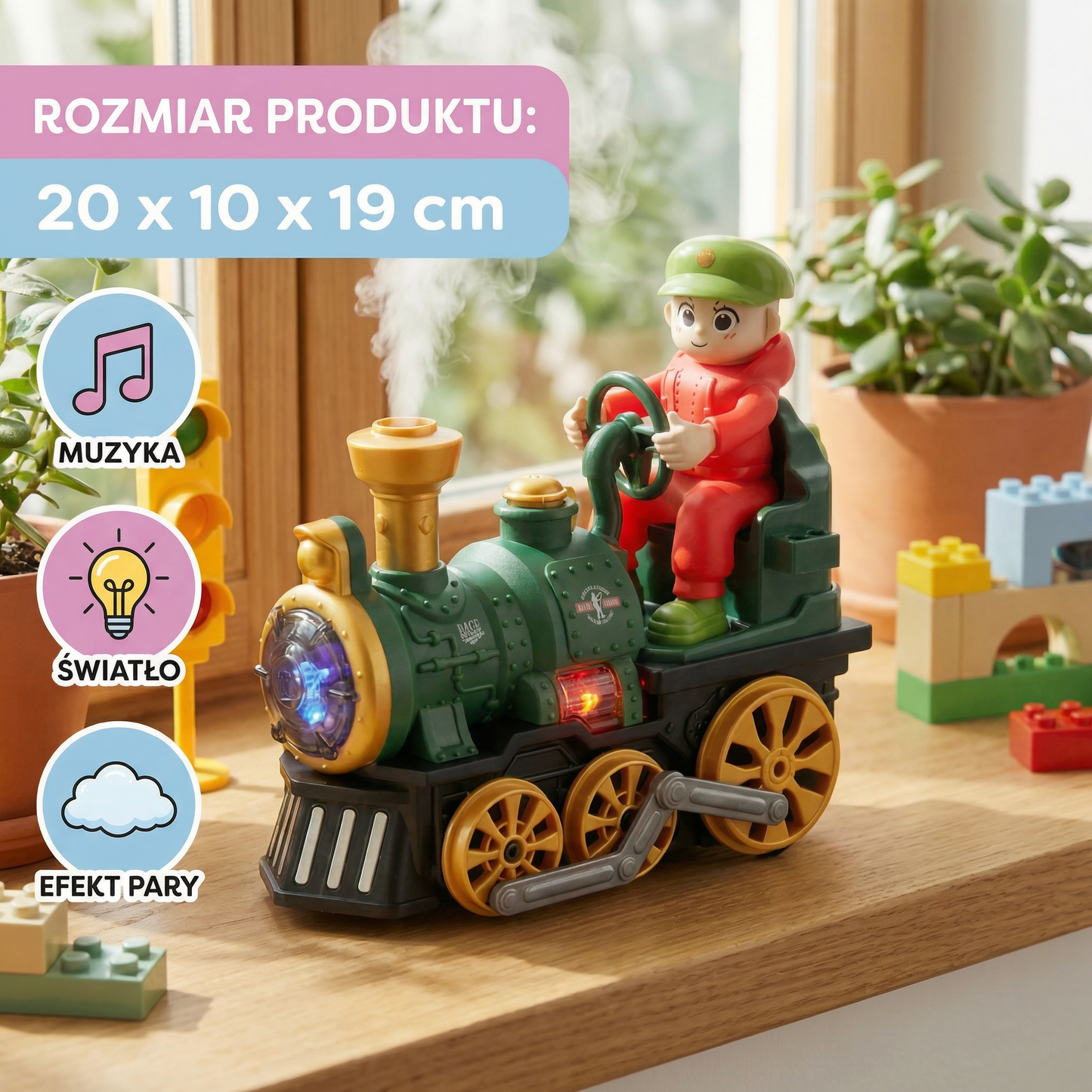 Urocza zabawkowa lokomotywa parowa z światłem, muzyką i efektem pary