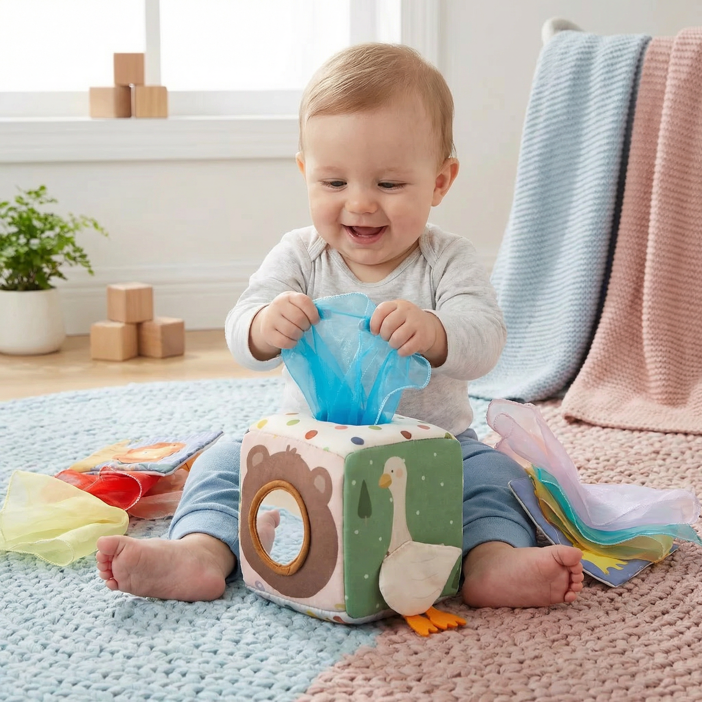 Montessori sensoryczne pudełko z chusteczkami dla niemowląt – miękka zabawka do szeleszczenia i odkrywania