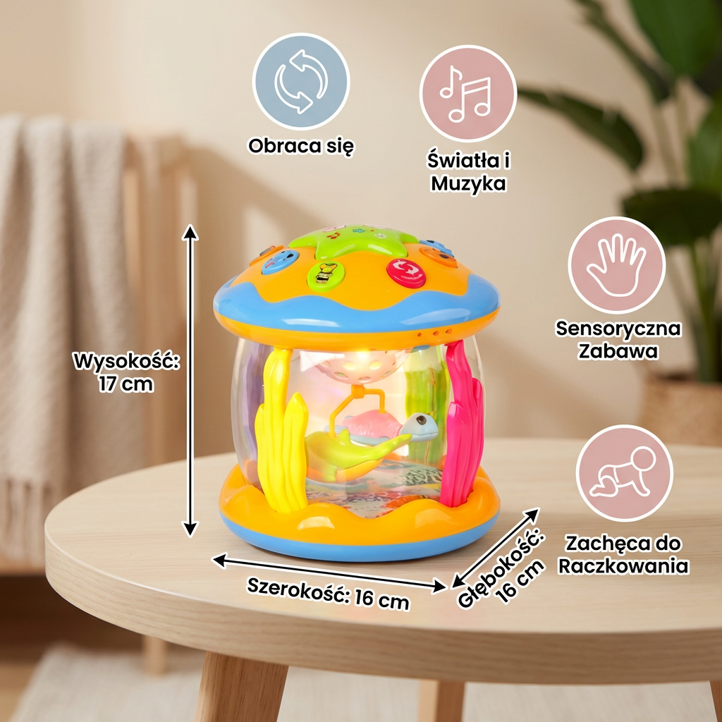 Ocean Light & Music Baby Toy – Obrotowa Zabawka Sensoryczna dla Niemowląt – Idealna do Brzuszkowania i Raczkowania