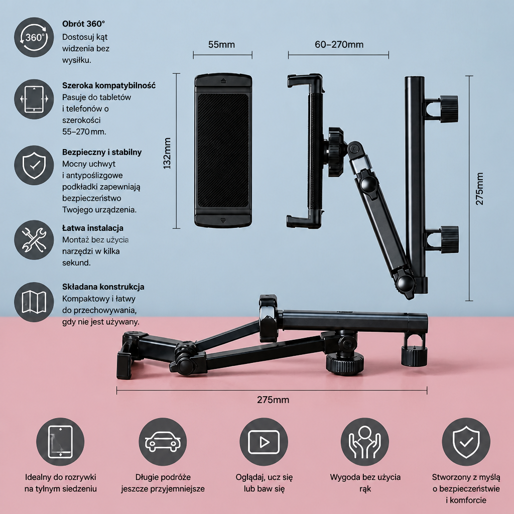 Obrotowy o 360° uchwyt na tablet do zagłówka samochodowego – Uchwyt na tablet na tylne siedzenie
