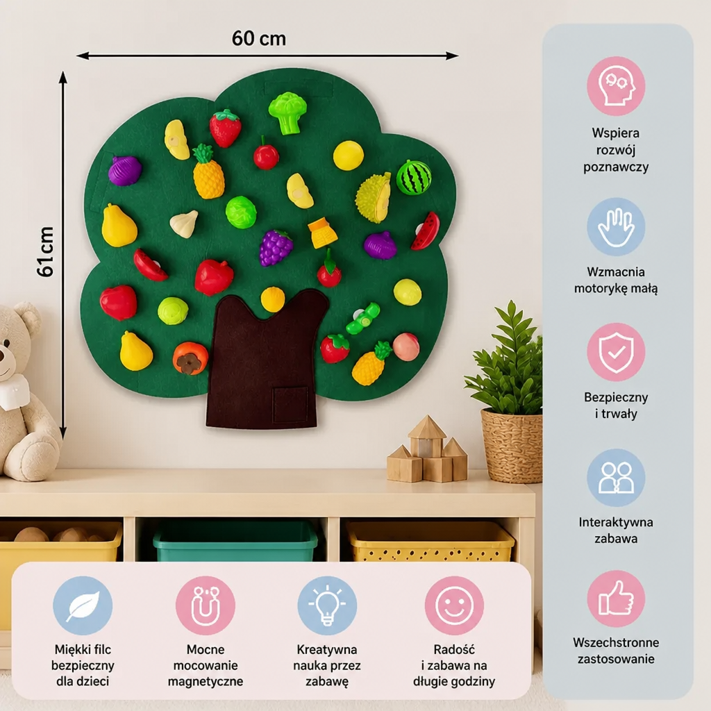 Filcowa Tablica Aktywności „Drzewo Owocowe” – Edukacyjna Zabawka Montessori