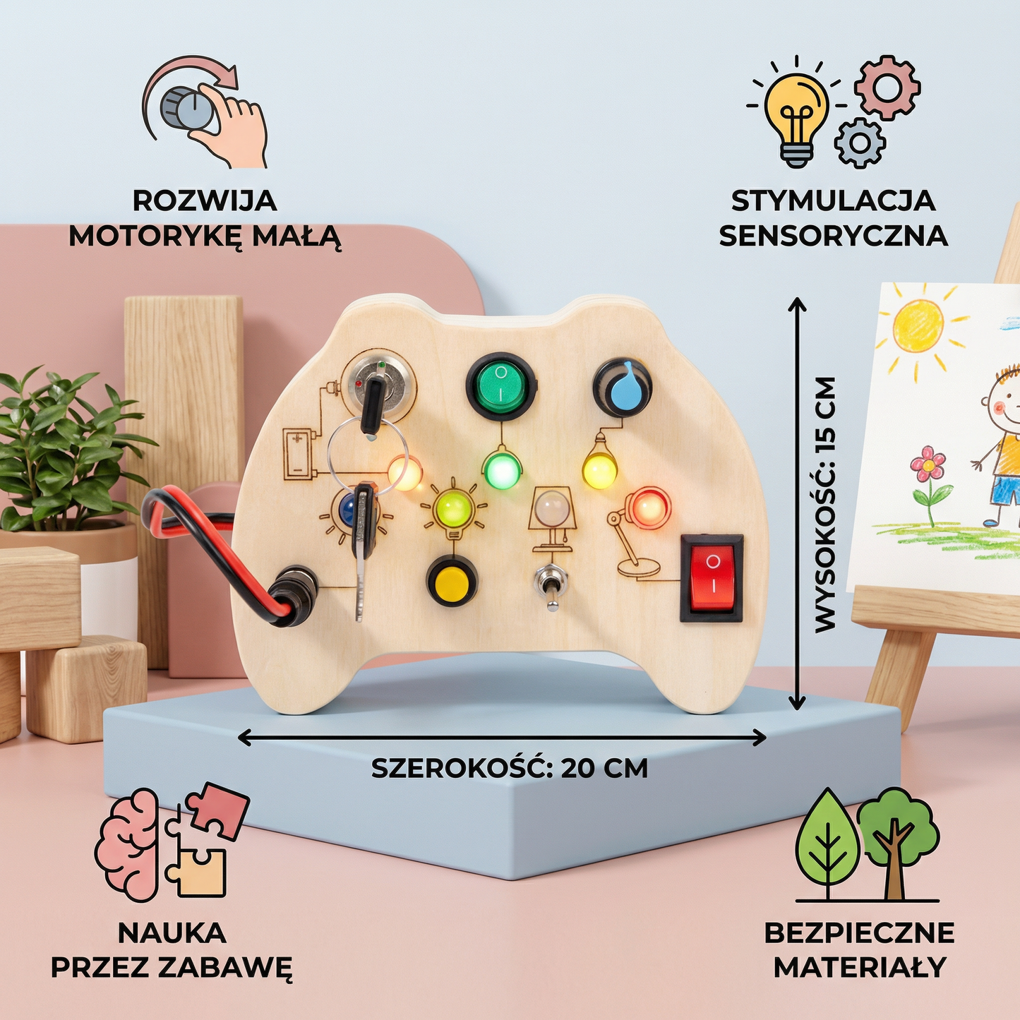 Drewniana Tablica Sensoryczna LED z Przełącznikami – Montessori Zabawka Edukacyjna Wspierająca Rozwój Motoryki