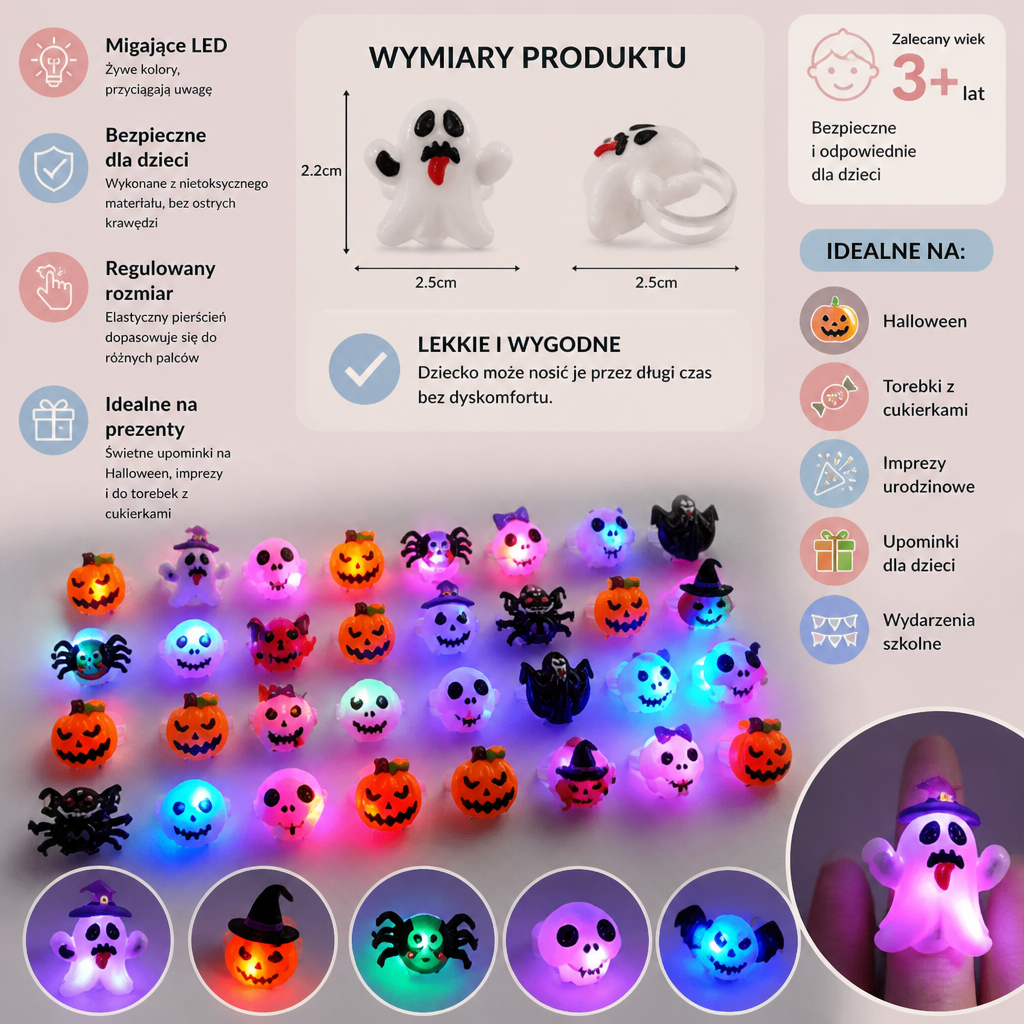 50 Sztuk Migających Pierścionków LED na Halloween na Upominki dla Dzieci i do Torebek ze Słodyczami