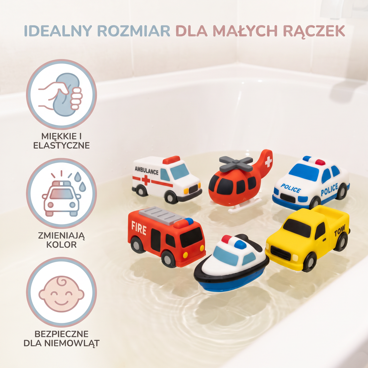 Zestaw 6 Zmieniających Kolor Zabawek do Kąpieli w Kształcie Pojazdów Ratunkowych dla Niemowląt i Małych Dzieci