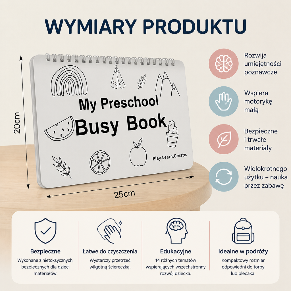 Montessori Busy Book – Wielorazowa Książeczka Edukacyjna z Aktywnościami dla Przedszkolaków