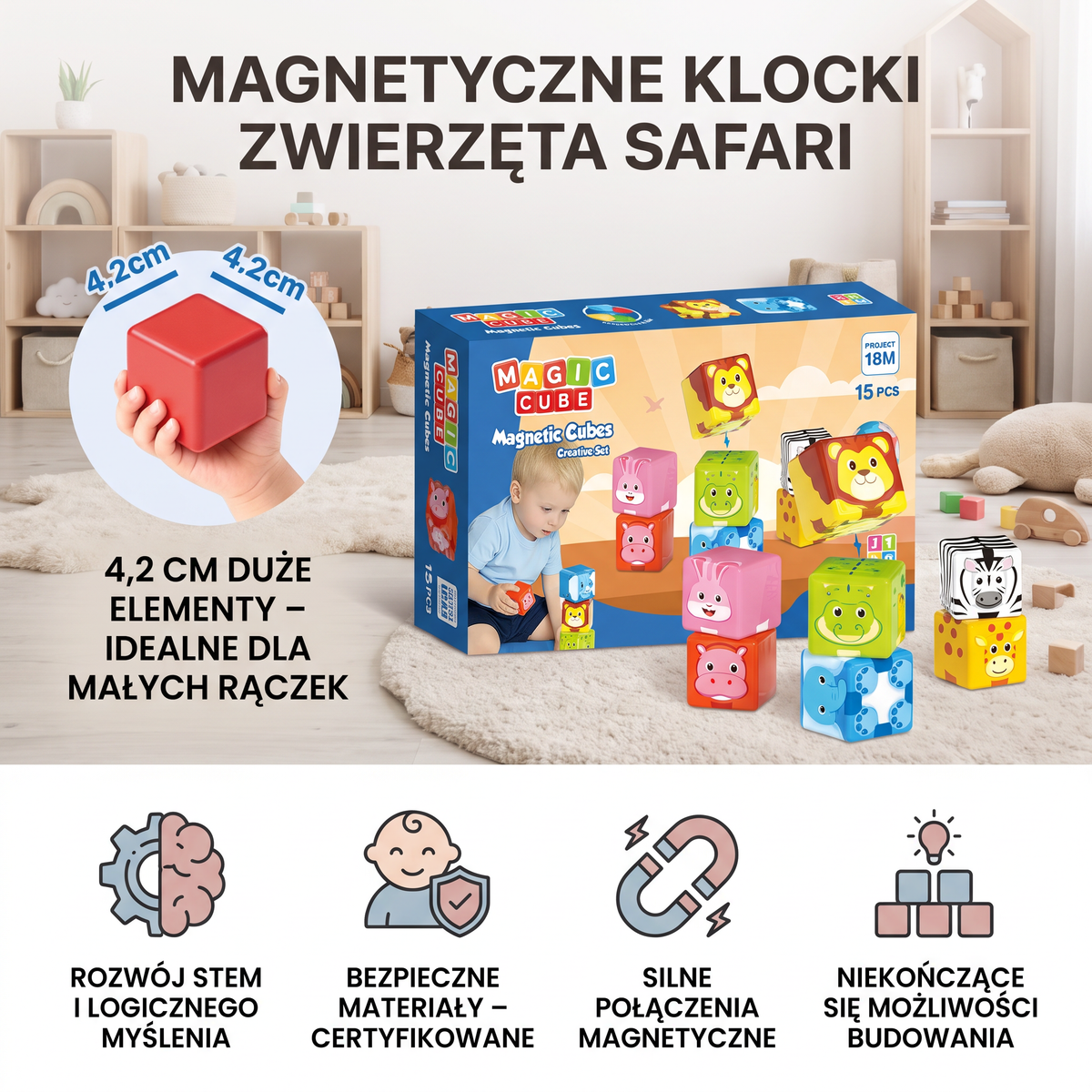 Magnetyczne klocki konstrukcyjne z safari zwierząt 4,2 cm bezpieczne dla małych dzieci – klocki edukacyjne STEM