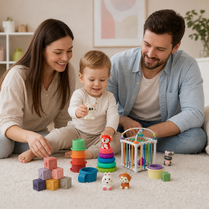 26-elementowy miękki gumowy zestaw sensoryczny Montessori 5 w 1 dla niemowląt z zabawkami do układania i sortowania