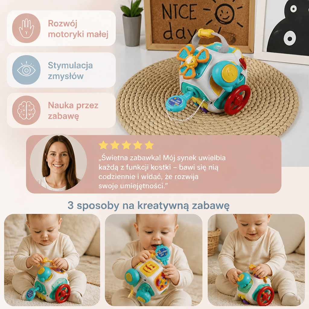 Kostka edukacyjna dla niemowląt z 10 funkcjami – zabawka sensoryczna zgodna z metodą Montessori