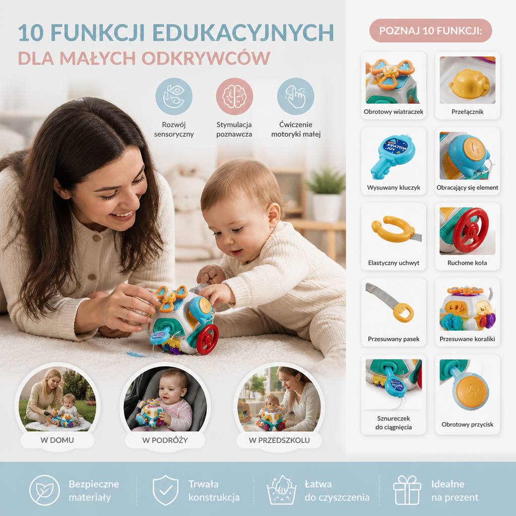 Kostka edukacyjna dla niemowląt z 10 funkcjami – zabawka sensoryczna zgodna z metodą Montessori