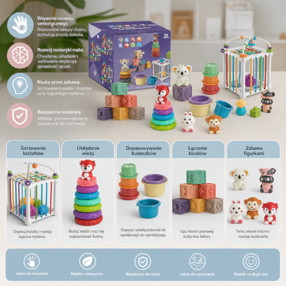 26-elementowy miękki gumowy zestaw sensoryczny Montessori 5 w 1 dla niemowląt z zabawkami do układania i sortowania