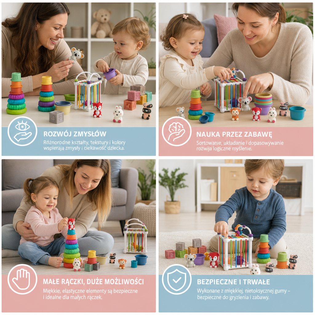 26-elementowy miękki gumowy zestaw sensoryczny Montessori 5 w 1 dla niemowląt z zabawkami do układania i sortowania