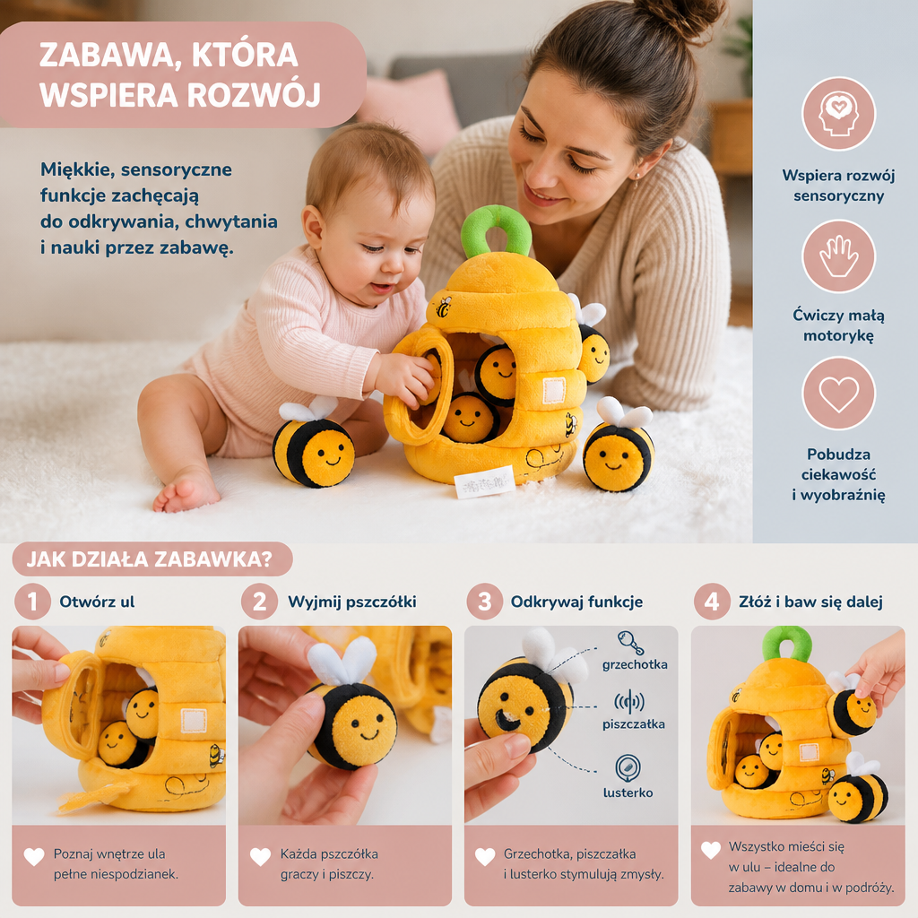 Zabawka sensoryczna dla niemowląt – Ul z Biedronkami, Grzechotkami, Piszczałką i Lusterkiem
