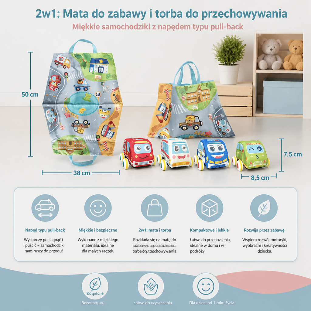 Zestaw miękkich pluszowych samochodzików z napędem pull-back, matą do zabawy 2 w 1 i torbą do przechowywania