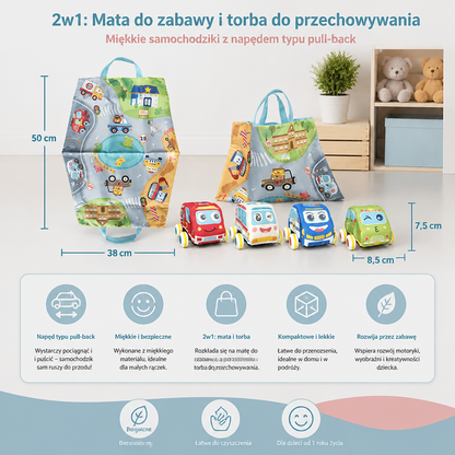 Zestaw miękkich pluszowych samochodzików z napędem pull-back, matą do zabawy 2 w 1 i torbą do przechowywania