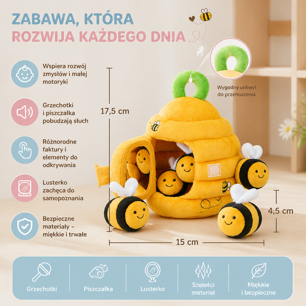 Zabawka sensoryczna dla niemowląt – Ul z Biedronkami, Grzechotkami, Piszczałką i Lusterkiem