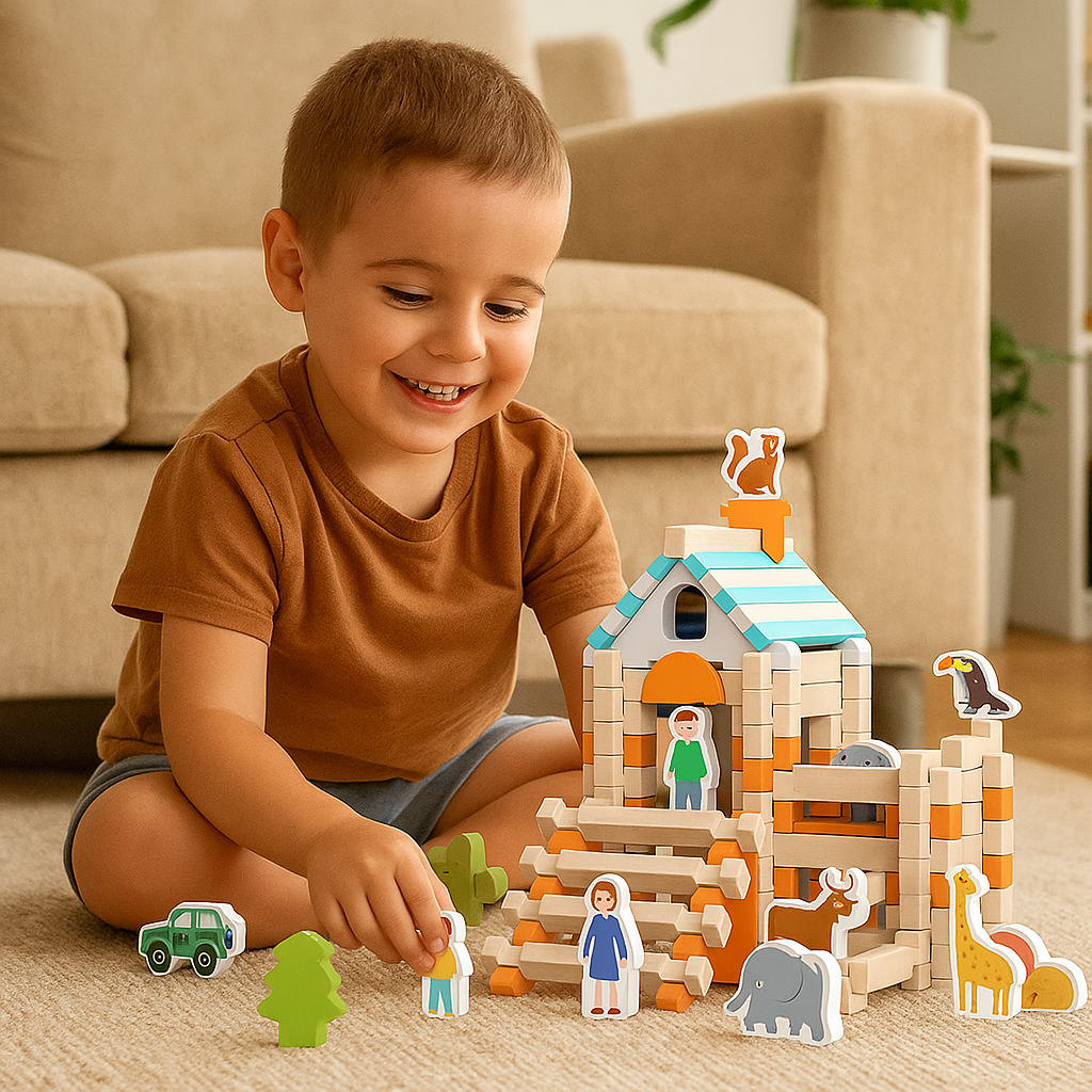 Zestaw drewnianych klocków montessori – naturalna zabawa w układanie i budowanie