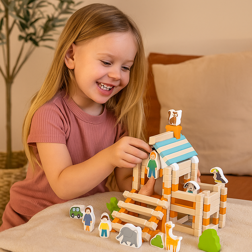 Zestaw drewnianych klocków montessori – naturalna zabawa w układanie i budowanie