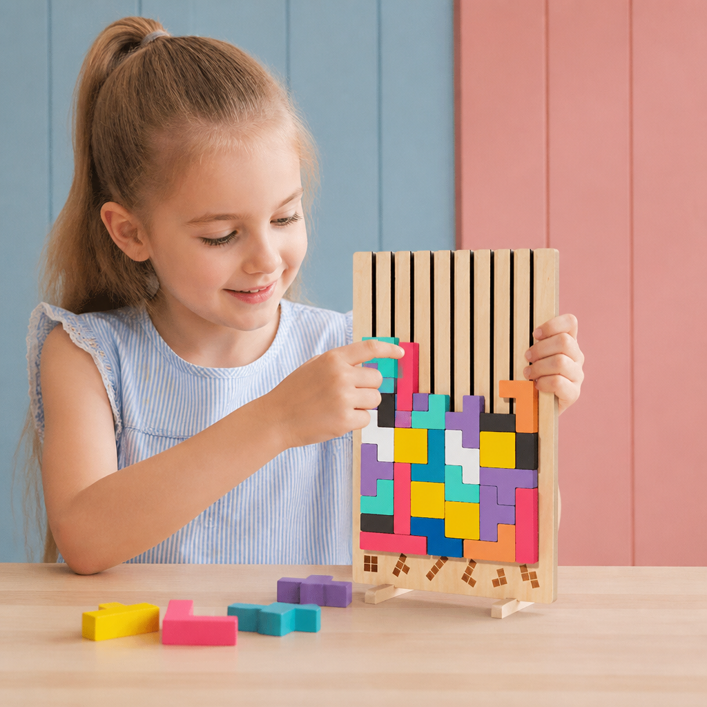 Montessoriańska Gra z Drewnianymi Klockami i Kształtami