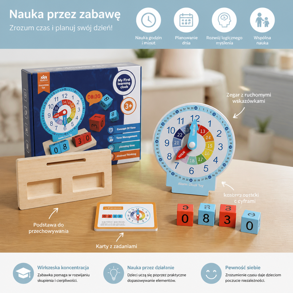 Edukacyjna zabawka Montessori do nauki zegara i czasu