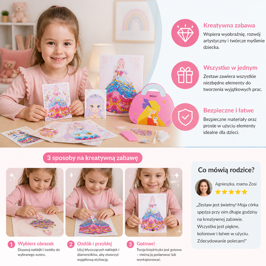 Zestaw Artystyczny z Naklejkami i Makijażem Princess Diamond – Kreatywny Zestaw Glam dla Dziewczynek
