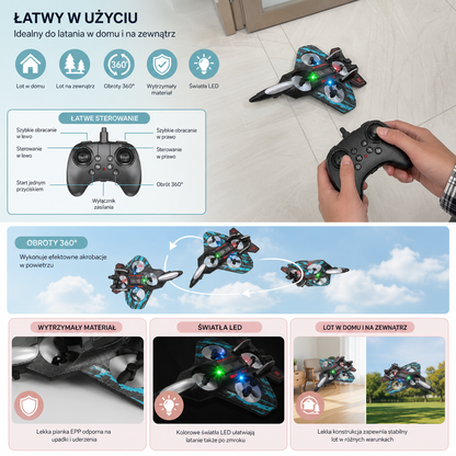 Wytrzymały piankowy myśliwiec RC do latania w domu i na zewnątrz – obroty 360° i światła LED