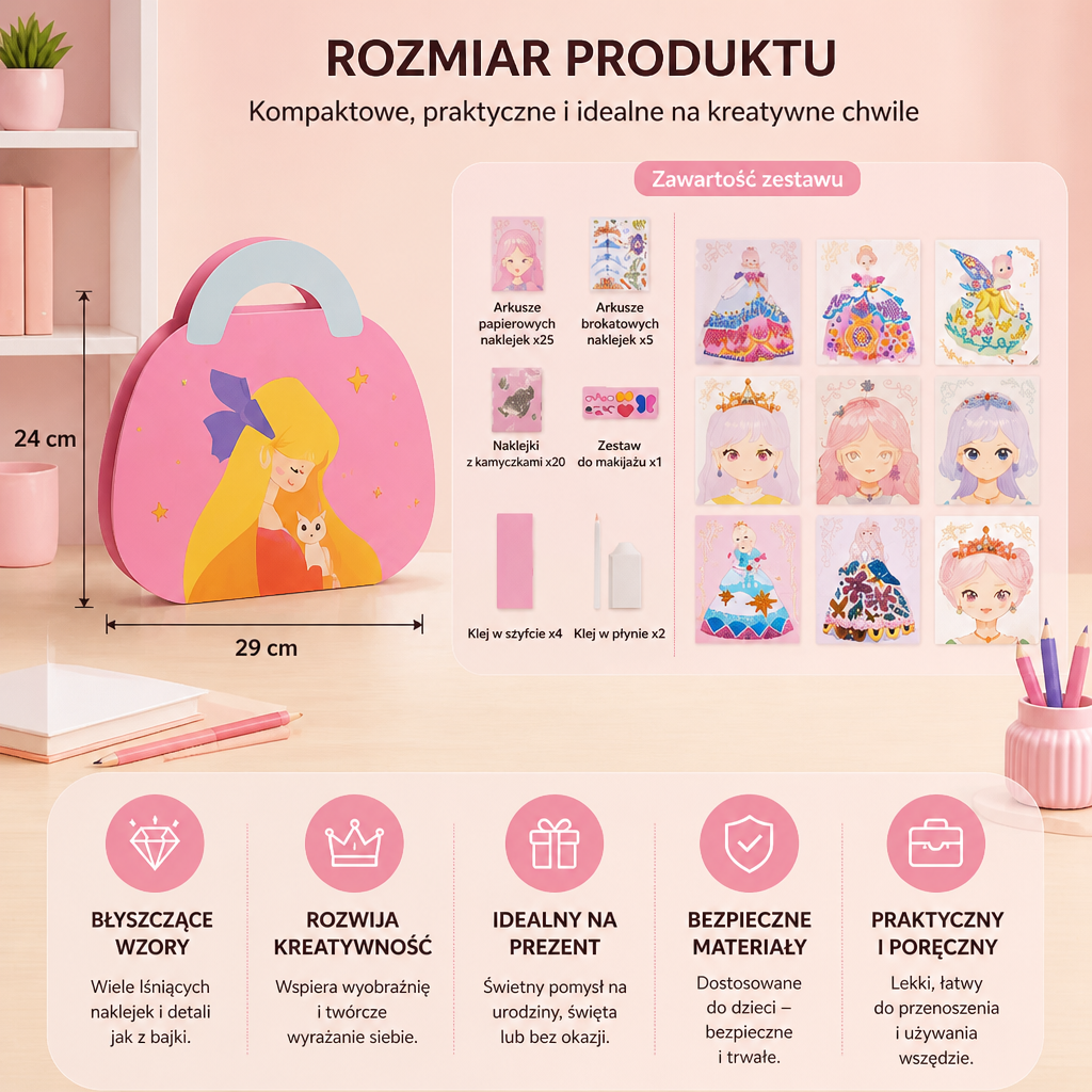 Zestaw Artystyczny z Naklejkami i Makijażem Princess Diamond – Kreatywny Zestaw Glam dla Dziewczynek
