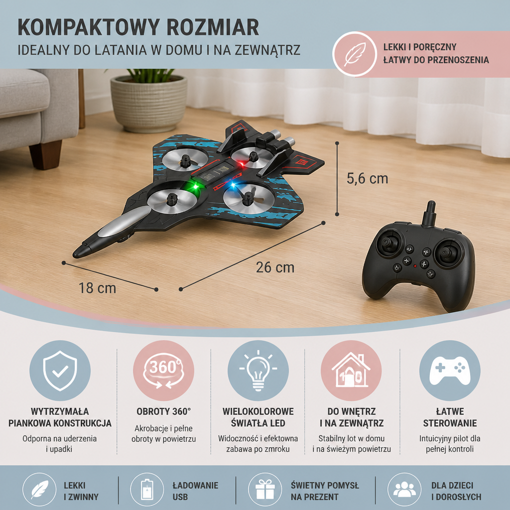 Wytrzymały piankowy myśliwiec RC do latania w domu i na zewnątrz – obroty 360° i światła LED