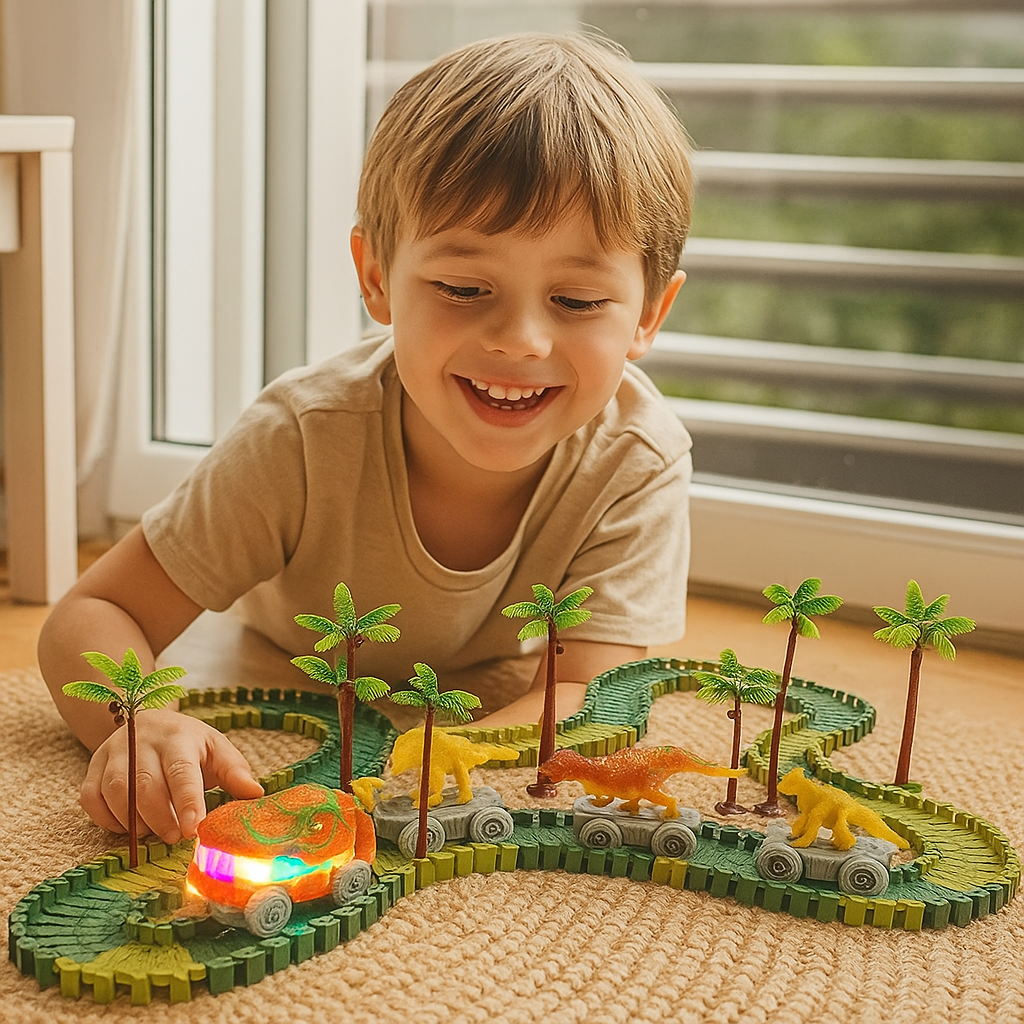Przygoda z dinozaurami – Elastyczny tor wyścigowy ze świecącym pociągiem