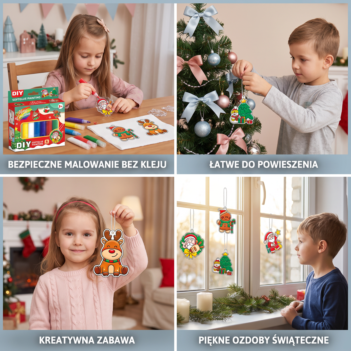 Zestaw kreatywny DIY do ozdabiania świątecznych dekoracji dla dzieci – malowanie bez kleju i pieczenia