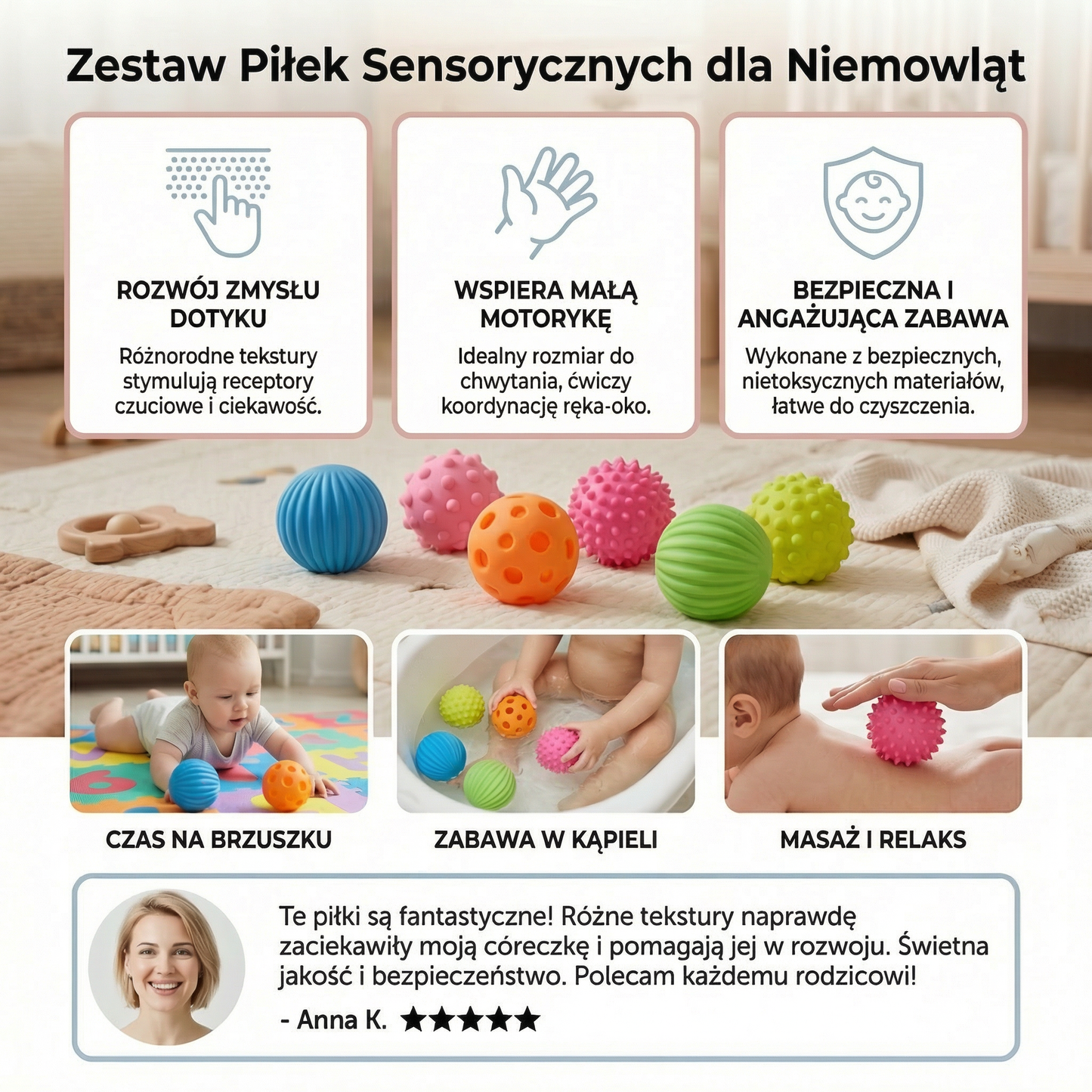 Zestaw Piłek Sensorycznych dla Niemowląt – Zabawka z Teksturą do Dotyku i Rozwoju Zmysłu Dotyku