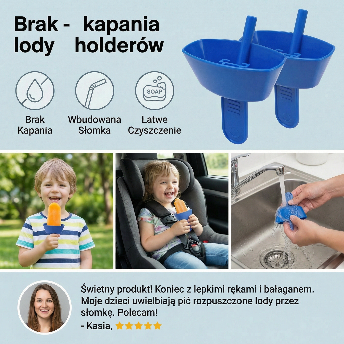 Zestaw 2 sztuk – Bezkapowy uchwyt na lody dla dzieci – Łapacz lodów bez bałaganu ze słomką