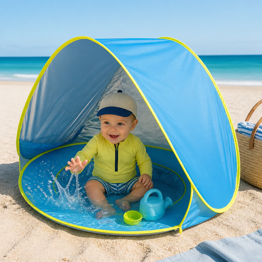 Pop-Up Baby Beach Tent z Wbudowanym Basenem i Ochroną UV – Przenośny Parasolka dla Dzieci