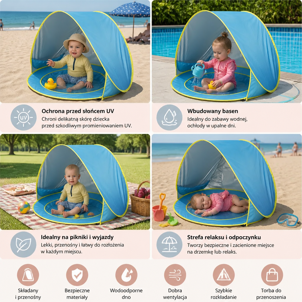 Pop-Up Baby Beach Tent z Wbudowanym Basenem i Ochroną UV – Przenośny Parasolka dla Dzieci