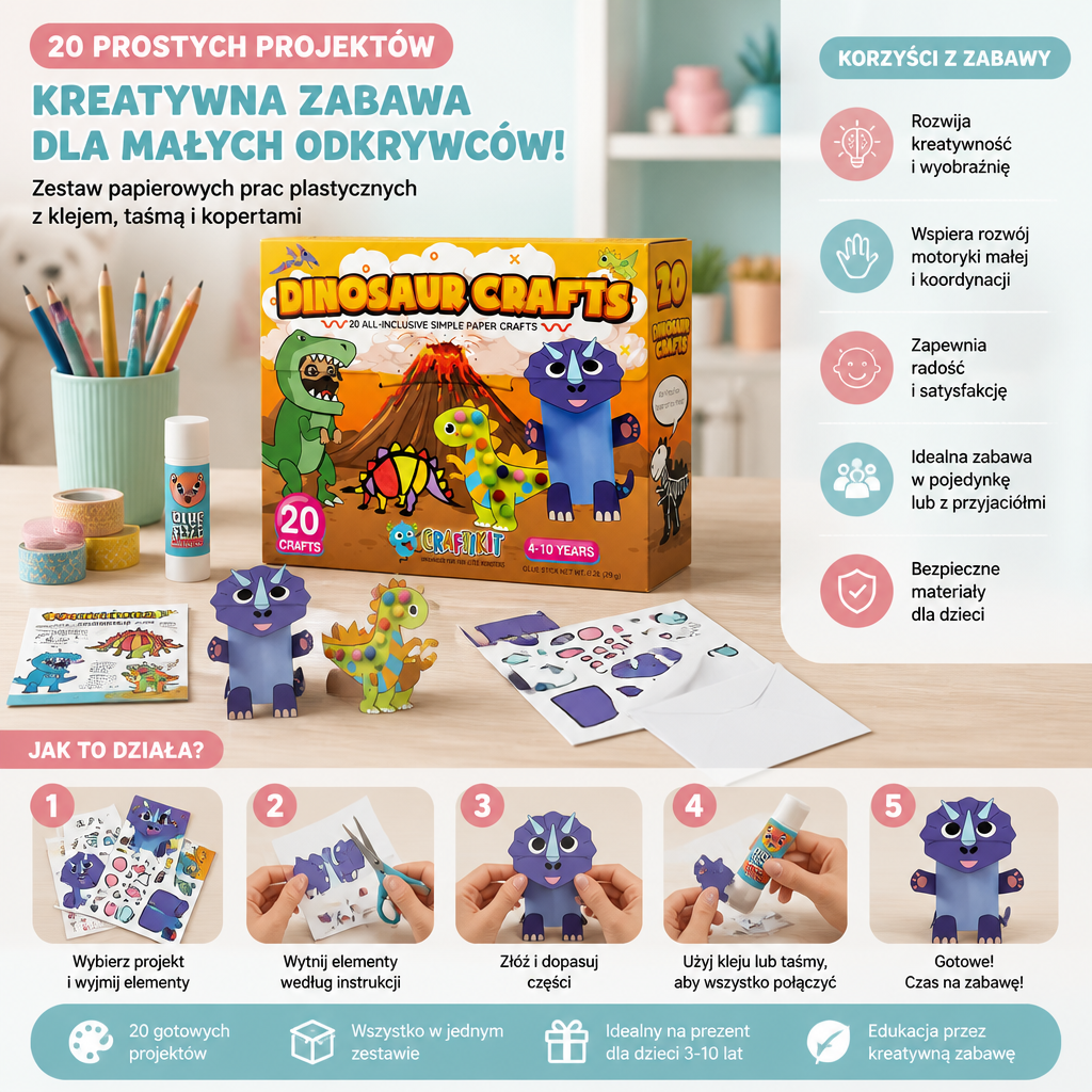 Zestaw Papierowych Prac Plastycznych dla Dzieci – 20 Łatwych Projektów DIY dla Dzieci w Wieku 3–10 Lat z Klejem, Taśmą i Kopertami