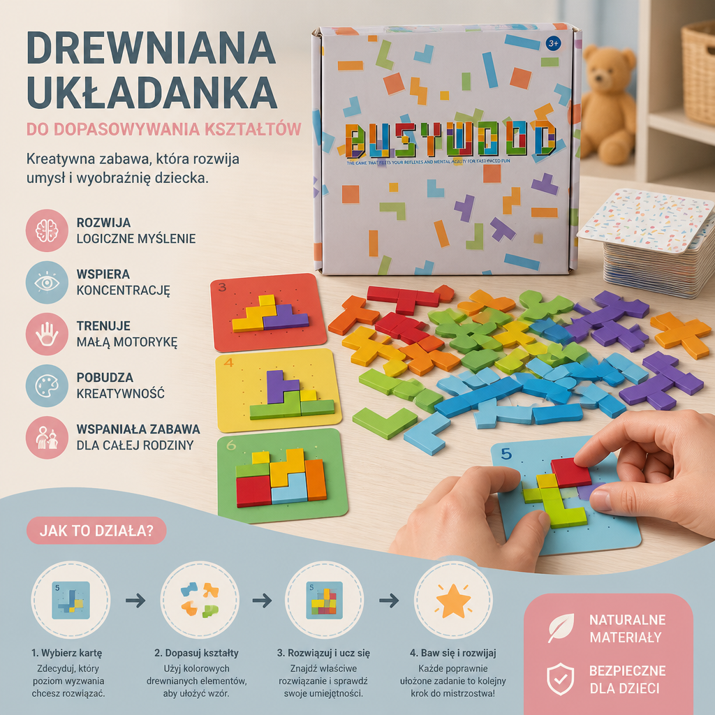Gra Rodzinna: Drewniana Układanka Do Dopasowywania Kształtów