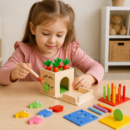 Kostka Edukacyjna Montessori Z Drewna 6 W 1 Z Kształtami I Figurkami