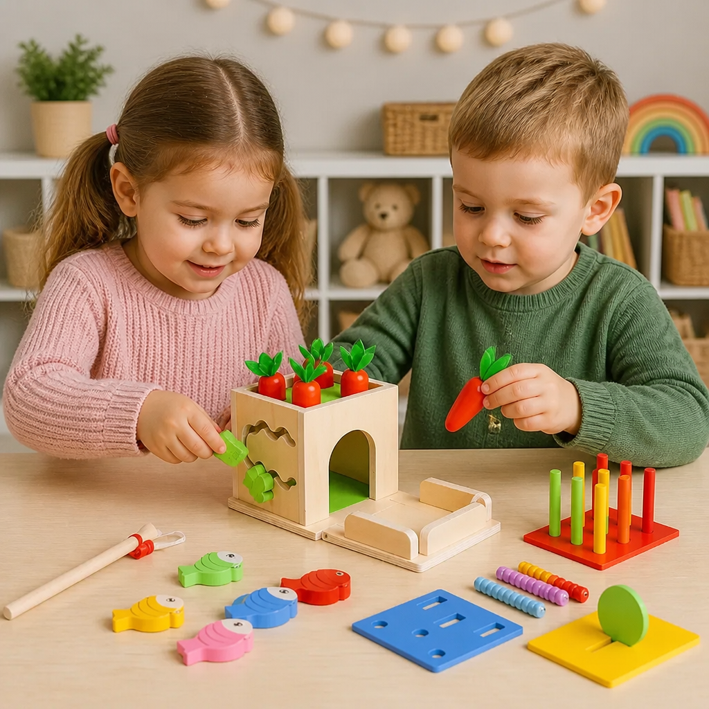 Kostka Edukacyjna Montessori Z Drewna 6 W 1 Z Kształtami I Figurkami