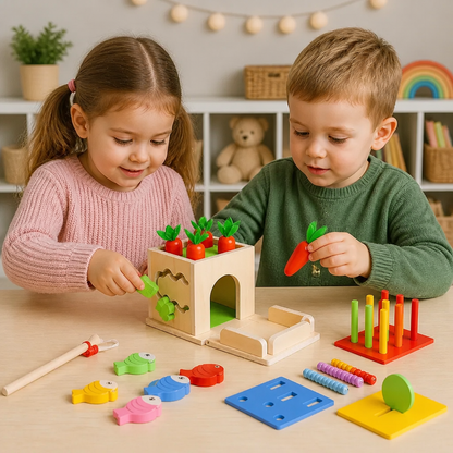 Kostka Edukacyjna Montessori Z Drewna 6 W 1 Z Kształtami I Figurkami