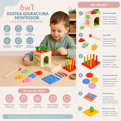 Kostka Edukacyjna Montessori Z Drewna 6 W 1 Z Kształtami I Figurkami