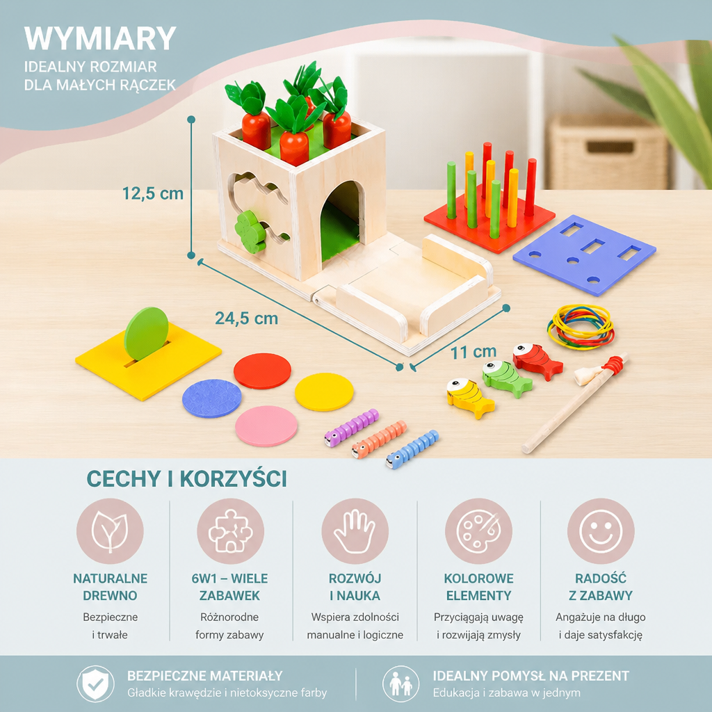 Kostka Edukacyjna Montessori Z Drewna 6 W 1 Z Kształtami I Figurkami
