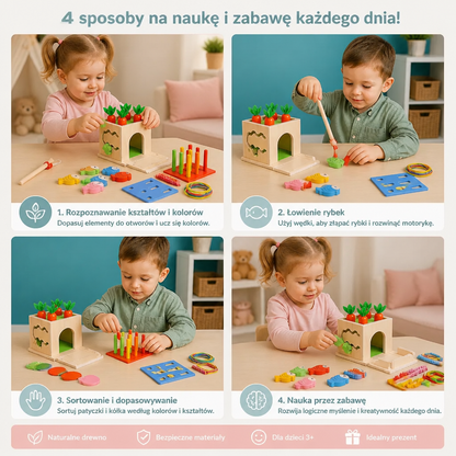 Kostka Edukacyjna Montessori Z Drewna 6 W 1 Z Kształtami I Figurkami