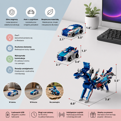 2-w-1 Magnetyczny Samochód Przekształcający się w Dinozaura z Automatycznym Omijaniem Przeszkód