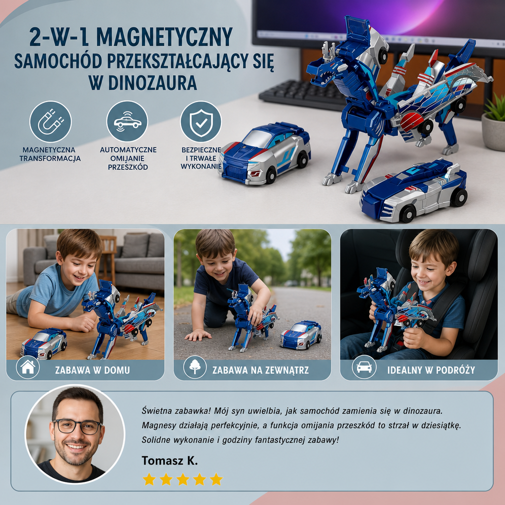 2-w-1 Magnetyczny Samochód Przekształcający się w Dinozaura z Automatycznym Omijaniem Przeszkód